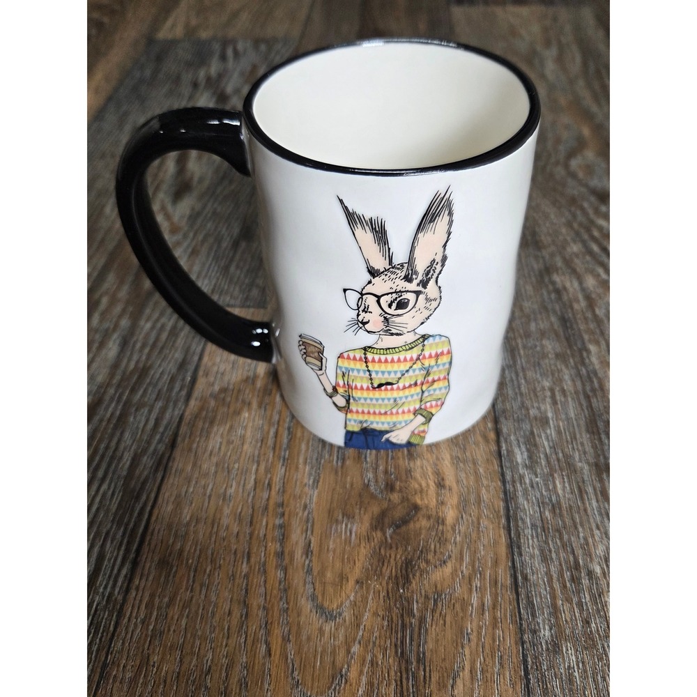 Signature Housewares Hipster Rabbit Coffee Mug White Black Stoneware Bunny Cup